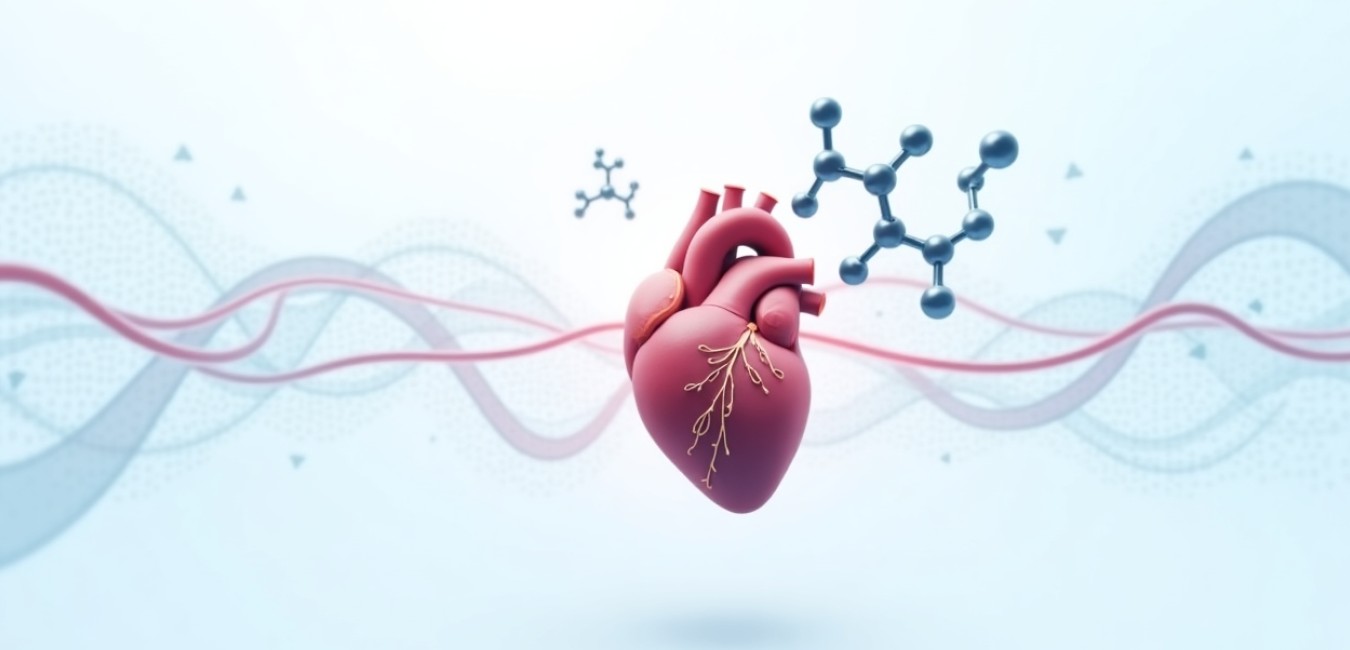 Schemat przedstawiający serce i strukturę molekularną dapagliflozyny, połączone niebieskimi liniami symbolizującymi działanie terapeutyczne
